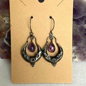 VTG Oxidized Sterling Silver 925 1.86" Amethyst Cabochon Dangle Drop Earrings